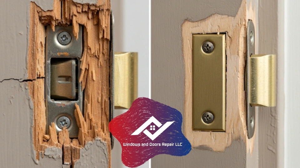 Before and after a professional door jamb repair in Fort Worth, showing a damaged frame restored to full security.