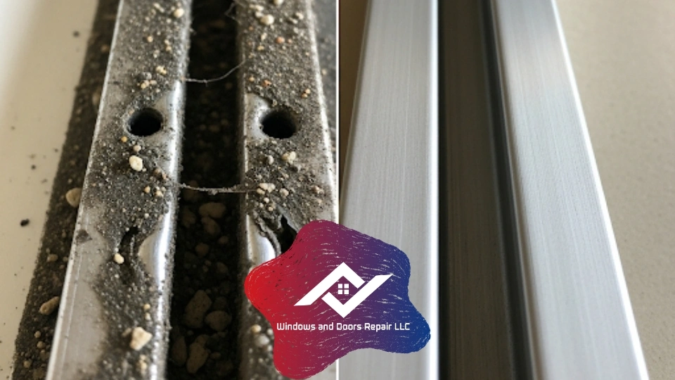 Before and after a professional sliding glass door track repair in Arlington , showing a damaged track restored to pristine condition.