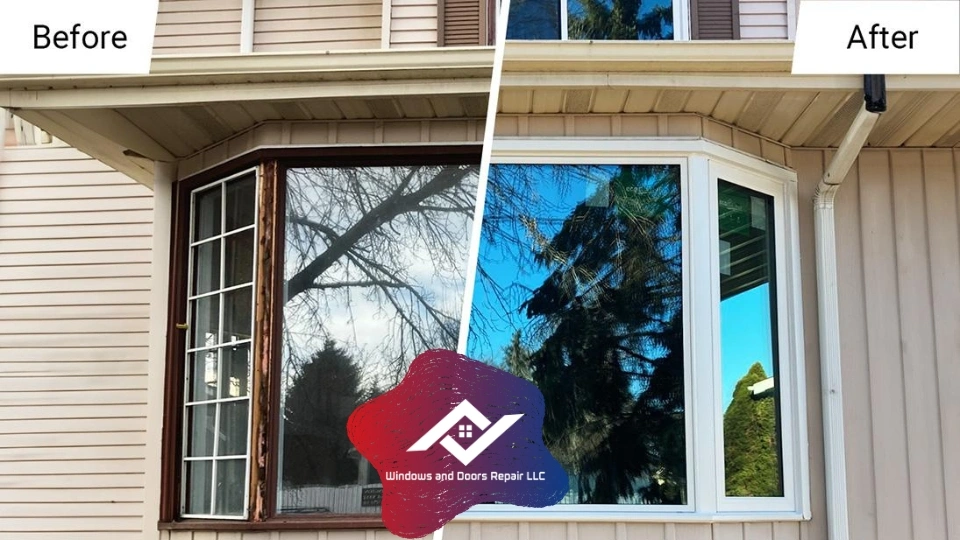 Before and after a successful double pane window repair in Plano, showing the removal of fog and condensation between the glass.