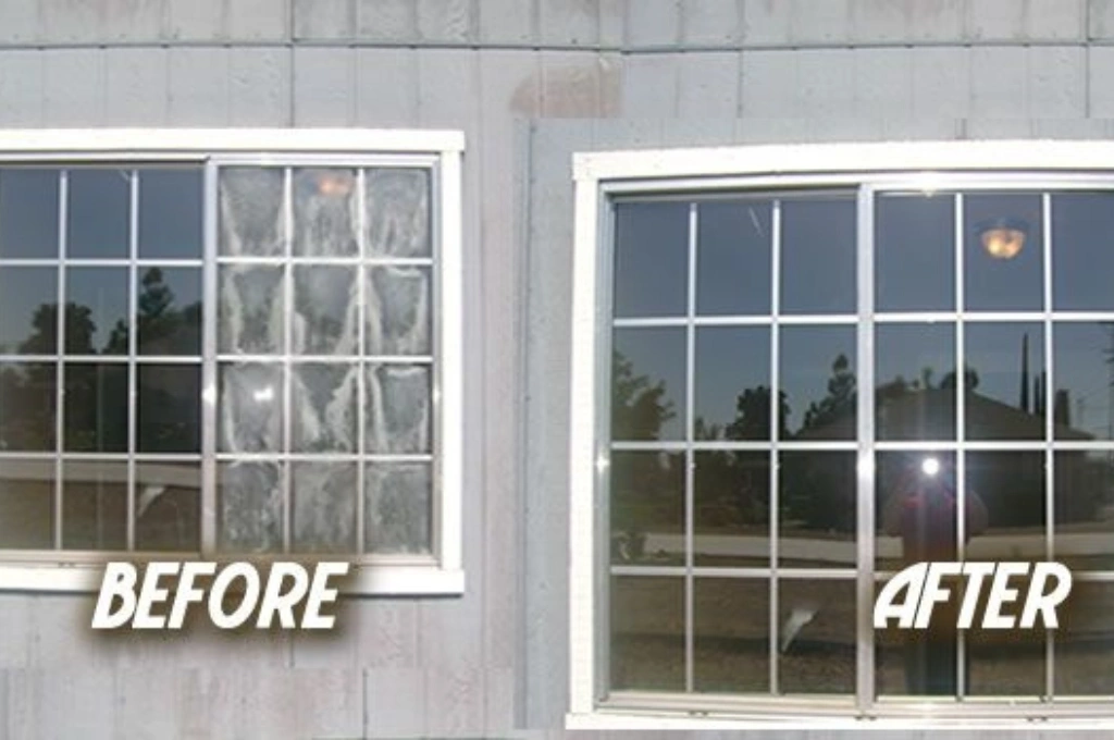 Before and after photo of a foggy double-pane window repair in a North Garland home, showcasing the crystal-clear results of our insulated glass replacement service.