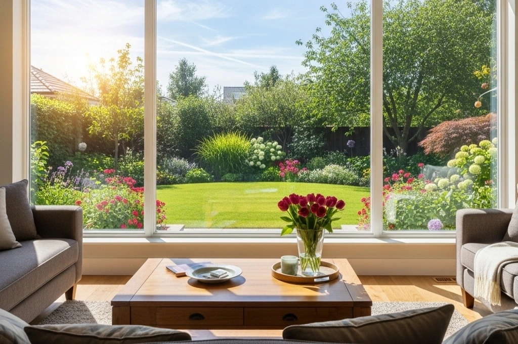 Crystal clear replacement window glass installed in a Plano, TX living room, showcasing a successful foggy window repair.