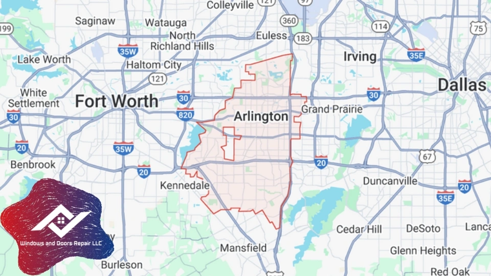 Service area map for Windows And Doors Repair LLC, the top choice for 'window repair near me in Arlington'.