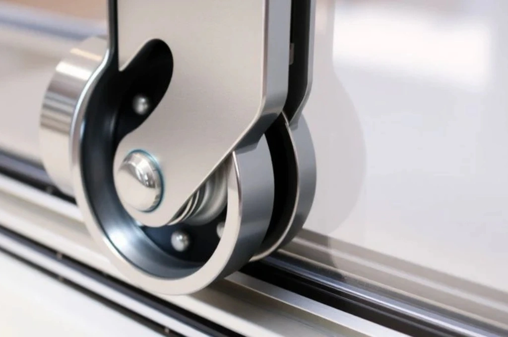 Skilled technician precisely adjusting the roller screws on a sliding glass door to ensure a smooth glide, showcasing expert repair techniques in Garland.