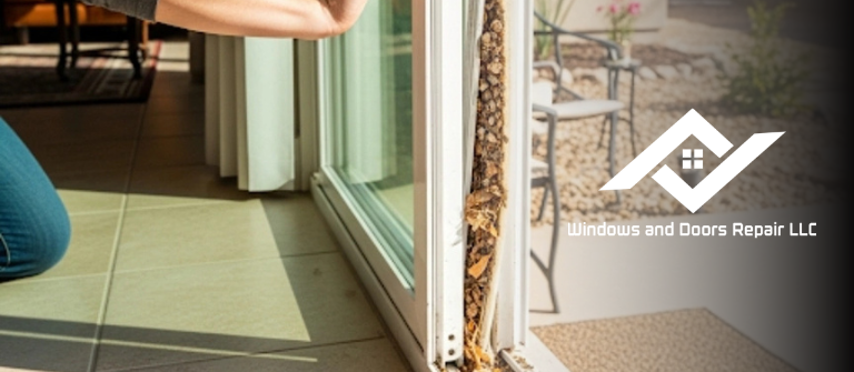 A frustrating, jammed sliding glass door in an Austin home before professional repair.