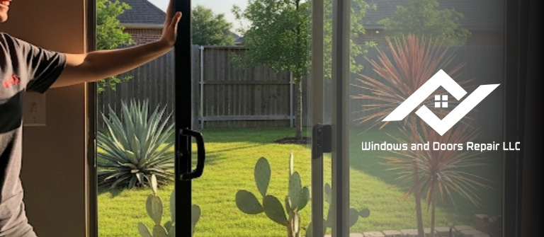 A homeowner effortlessly sliding a repaired patio door in their Benbrook home, showcasing a successful roller replacement.