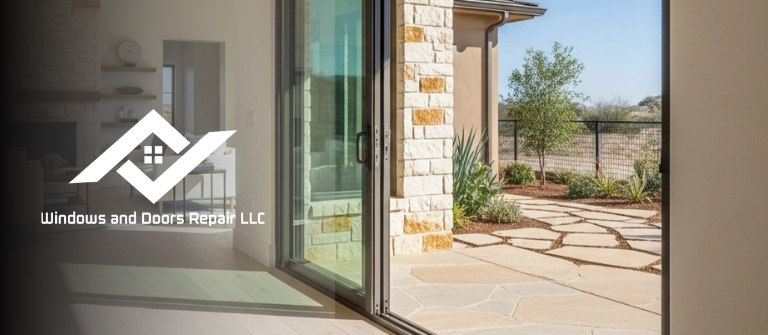 A modern sliding glass patio door in a Stone Oak home, now gliding open with ease.