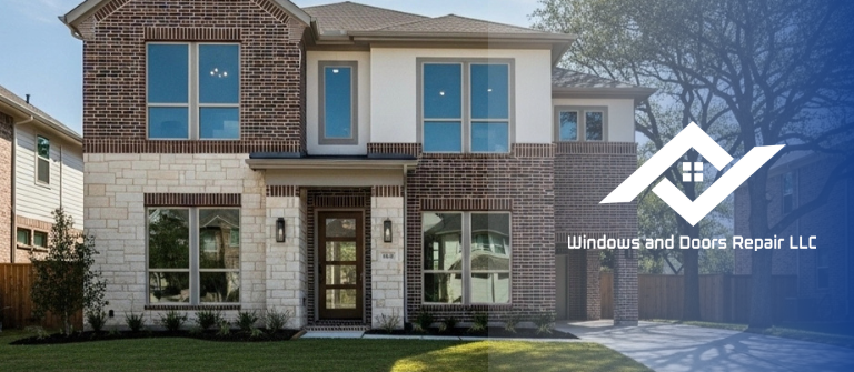 A modern, two-story brick home in a suburban Dallas neighborhood with a newly installed impact door