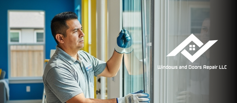 Professional home window repair service in Houston with a technician replacing and repairing residential window glass.