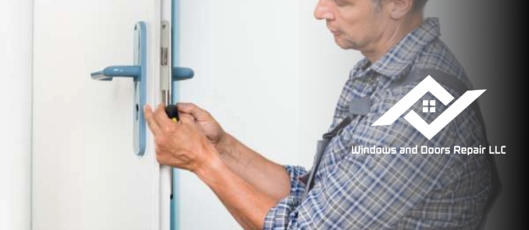 Professional technician performing an expert door repair on a beautiful stucco home in San Antonio.