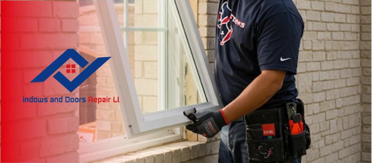 A certified technician from windows and doors repair LLC expertly performing a window repair.