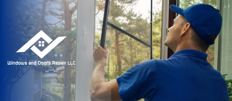 A certified technician from Windows And Doors Repair LLC demonstrating the quality materials used for window screen repair in Garland.