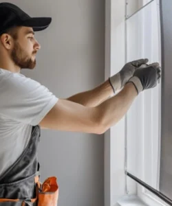 A Windows And Doors Repair LLC expert inspecting a damaged window screen for repair in Plano, TX.