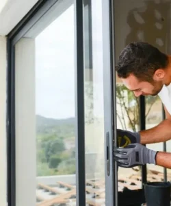 A Windows And Doors Repair LLC expert performing a professional sliding glass door repair in Plano, TX.