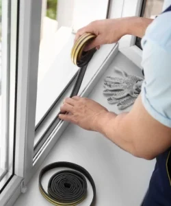 A Windows And Doors Repair LLC technician diagnosing a failed window seal in an Arlington home.