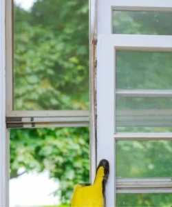 A Windows And Doors Repair LLC technician performing a professional window repair on a home in Plano, TX.