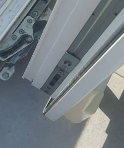 A before-and-after image showing a foggy, failed glass patio door next to the crystal-clear, repaired door.