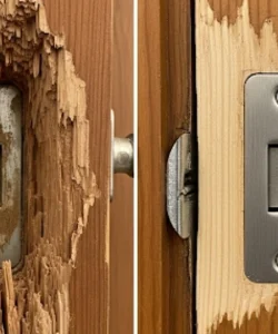 A before-and-after shot showing a damaged wooden door jamb next to the flawlessly repaired and painted final result.