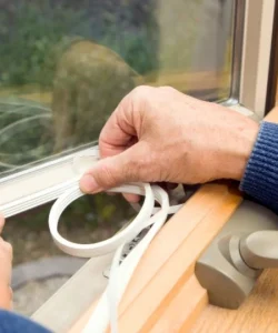 A certified technician from Windows And Doors Repair LLC carefully removing old, cracked window caulking from a home in El Paso.