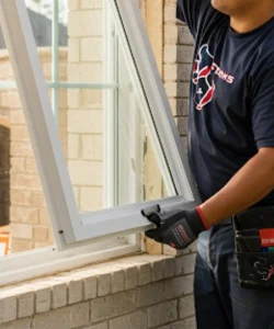 A certified technician from windows and doors repair LLC expertly performing a window repair.
