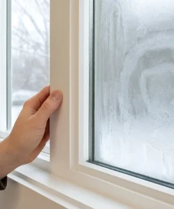 A clear example of a broken window seal Garland home, showing the foggy condensation that needs professional repair.