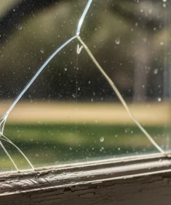 A cracked residential window needing professional window repair in Austin, Texas.