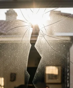A cracked residential window needing professional window repair in San Antonio, TX.