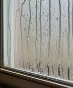 A foggy, condensed window in an Austin home before professional window seal repair.