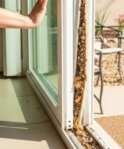 A frustrating, jammed sliding glass door in an Austin home before professional repair.