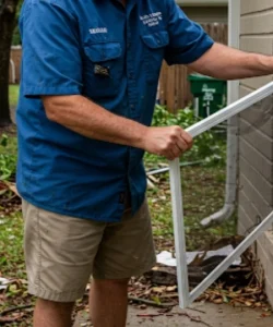 A licensed technician ready for a window screen repair service call in San Antonio.