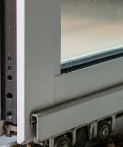 A sliding glass door off its track in a Fort Worth home, in need of urgent professional repair.