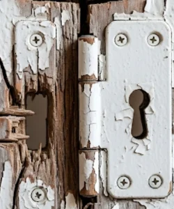 A splintered and damaged front door frame in an Austin home, clearly in need of professional repair.