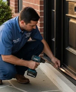 A technician from Windows And Doors Repair LLC expertly installing high-quality bronze weatherstripping on a Houston home's front door.