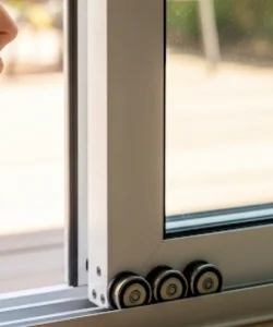 A technician from Windows And Doors Repair LLC replacing the worn-out rollers on a heavy sliding glass door.