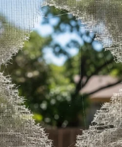 A torn and faded window screen repair austin on a beautiful Austin home before professional repair.