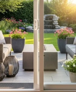 A wide shot of a beautiful patio view through a sparkling clean, fully functional sliding glass door.