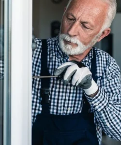 An expert technician from Windows And Doors Repair LLC performing a sliding glass door roller replacement in Fort Worth.