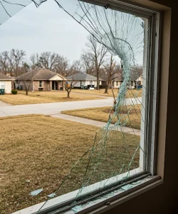 Broken residential window Dallas caused by hurricane damage requiring emergency repair.