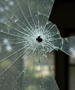 Broken single-pane window with cracked glass and old, deteriorating glazing putty in a Houston home