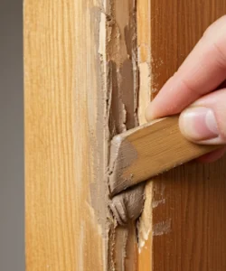 Close-up of a person applying wood filler to a impact door repair dallas.