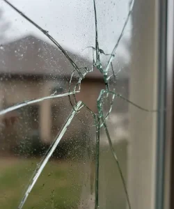 Close-up of damaged residential windows in Houston, including a cracked pane and condensation between glass layers, emphasizing common home window repair issues that affect comfort and energy efficiency.