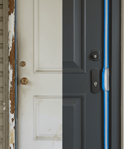 Comparison showing a door weatherstripping dallas versus a properly sealed, energy-efficient door