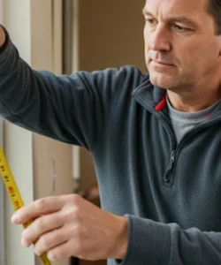 Homeowner carefully measuring a window pane before replacement