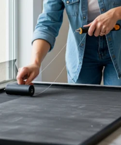 Homeowner using a spline roller to install new mesh during a window screen repair project.