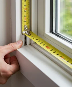 Measuring the width of a window frame at three points top, middle, and bottom, to ensure accurate replacement measurements to home window repair .