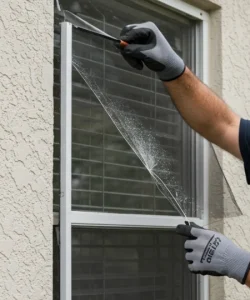 Professional technician replacing a torn window screen repair houston