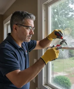 Professional window technician repairing a foggy double-pane window in a Dallas home, with cracked glass and tools visible, showing cost-effective repair instead of full replacement and home window repair .