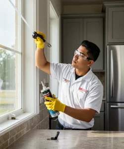 Technician applying window sealant to improve energy efficiency in a Dallas home