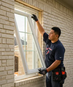 Technician installing energy-efficient windows in a Dallas home to reduce cooling costs and improve insulation after homa window dallas