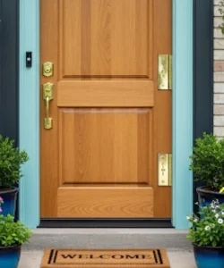 The same front door, now perfectly repaired, secure, and looking brand new, enhancing the home's curb appeal.